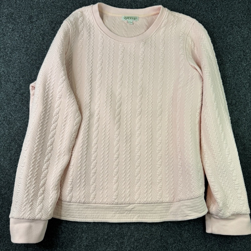 Orvis Womens Large Pink Cable Knit Textured Pullover Sweatshirt Crewneck